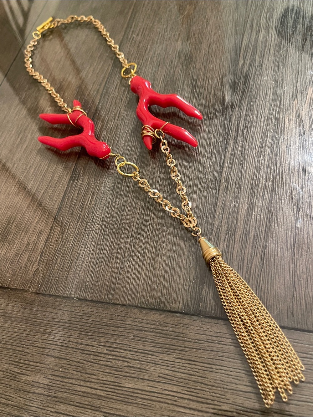 Boutique Style Vibrant Faux Red Branch Coral Gold-toneTassel Statement Necklace
